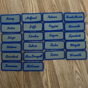 Set 22/$1 Each Individual Surname Blue Embroidery on Gray Fabric Name Patches